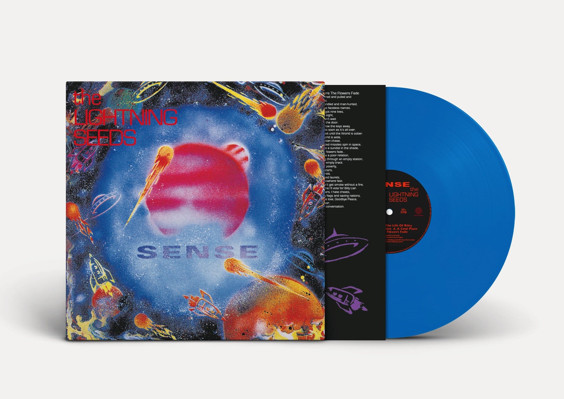 The Lightning Seeds Sense album cover art with a blue vinyl record disc.