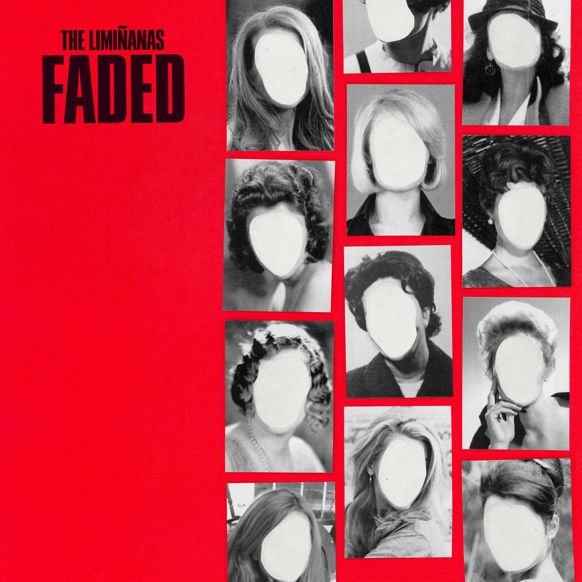 Red album cover with a grid of black and white portraits, faces obscured.