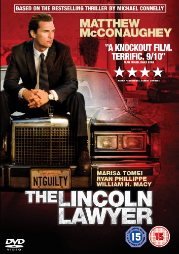 Matthew McConaughey on a car hood, "The Lincoln Lawyer" DVD cover.
