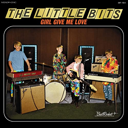 Four young musicians with instruments on a vintage album cover.