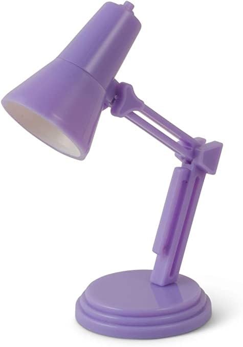 Small, lilac flexible lamp with a circular base, illuminated.