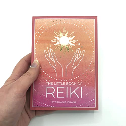 A hand holds a book titled The Little Book of Reiki with gold sun illustration.