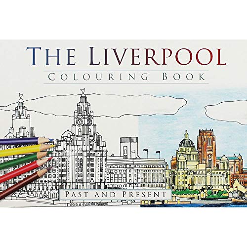 Liverpool skyline colouring book with pencils, depicting historic and modern buildings.