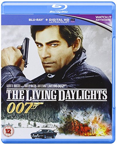 Timothy Dalton as James Bond holding a pistol on The Living Daylights Blu-ray cover.