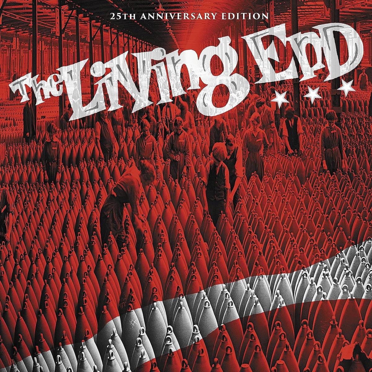 "Red-tinted album cover with people standing among bombs, titled 'The Living End'."