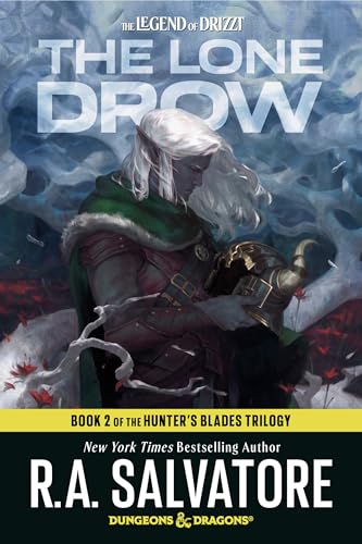 Book cover featuring a white-haired drow warrior with armor and a sword.