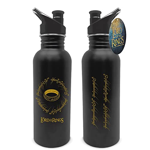 Black metal water bottle with The Lord of the Rings design.