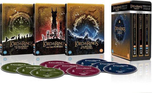Three Lord of the Rings steelbook cases, a collector's box, and nine movie discs.