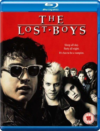 Blue Blu-ray case with red cover featuring characters from "The Lost Boys" movie.
