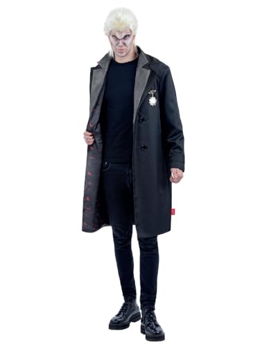 Man in black coat with pale makeup, portraying David from The Lost Boys.