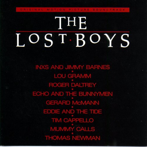 "Soundtrack CD cover for 'The Lost Boys' with black background, white and red text."