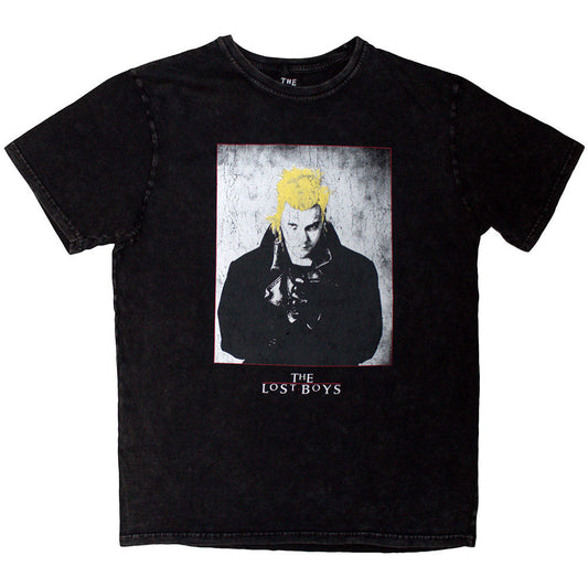 Black t-shirt with a stone wash effect featuring a David poster from The Lost Boys.
