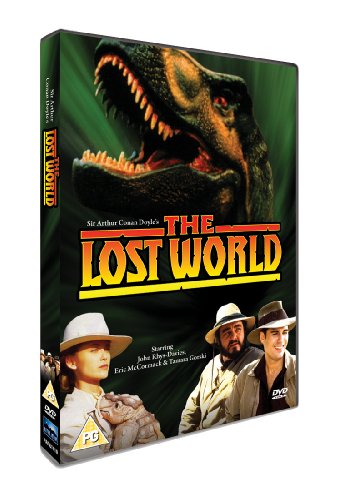 DVD cover for The Lost World featuring a dinosaur and three actors in hats.