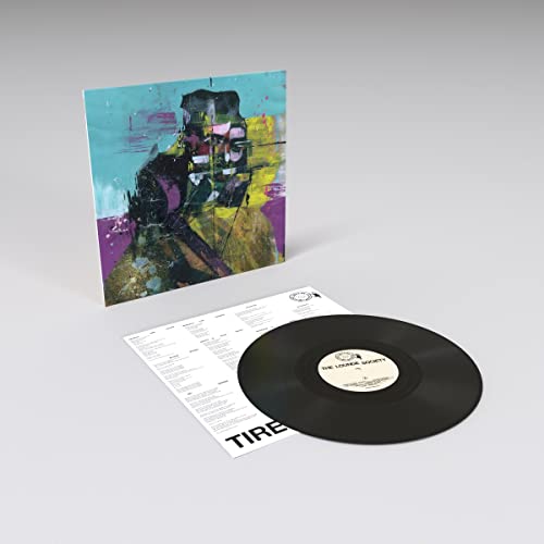 Vinyl record and sleeve with abstract painted portrait in purple and yellow.