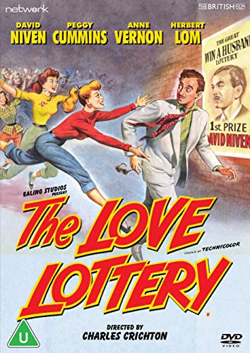 DVD cover for "The Love Lottery" with actors dancing and title in red.