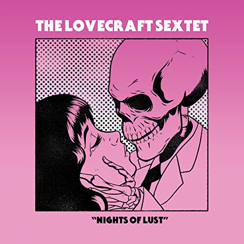 Pink album cover with comic-style illustration of a skull kissing a woman.