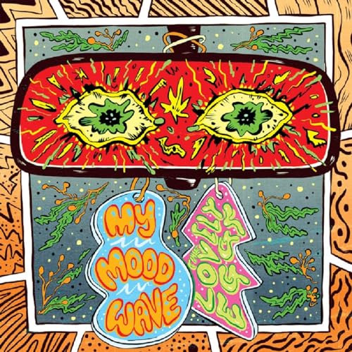 Psychedelic illustration of a car mirror with eyes and hanging tags.
