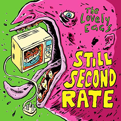 Album cover: pink figure consuming a microwave on a green background.