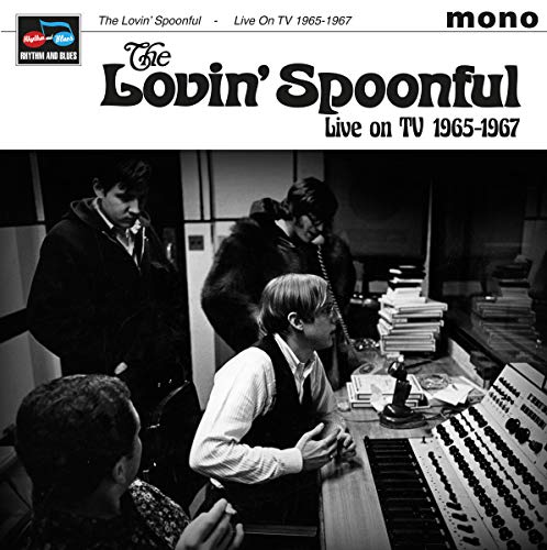 Black and white photo of The Lovin' Spoonful in a television studio control room.