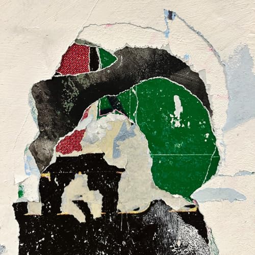 Abstract, torn poster with red, green, and black geometric shapes.