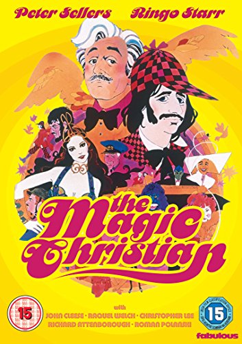 "The Magic Christian" DVD cover with cartoon illustrations on a yellow background.
