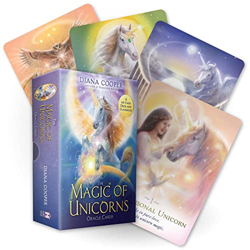 A box set of The Magic of Unicorns oracle cards surrounded by individual cards.