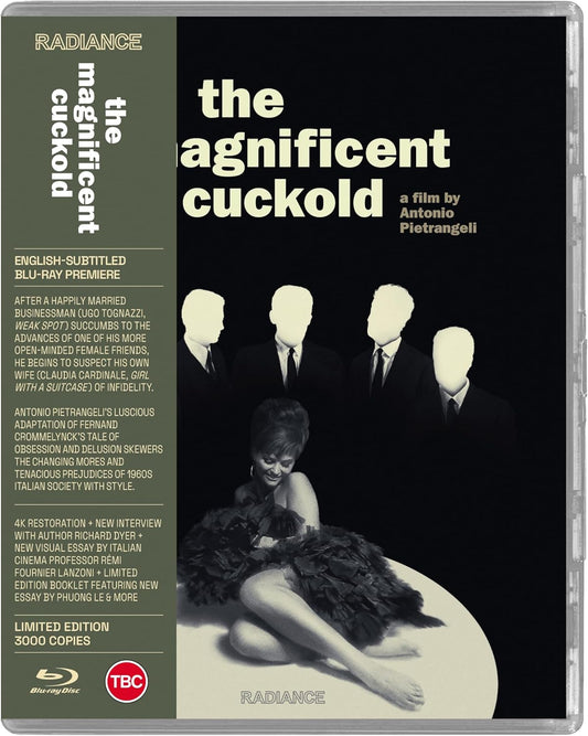 Blu-ray cover for "The Magnificent Cuckold" featuring a woman and masked figures.