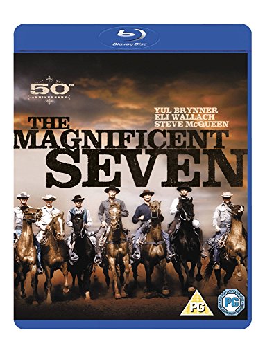 Blu-ray cover for The Magnificent Seven featuring seven cowboys riding horses against a sky.