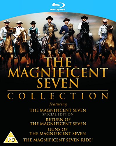 Seven cowboys on horseback with the movie title text below on a Blu-ray cover.
