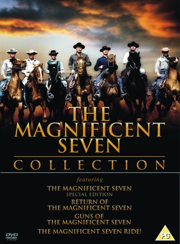 DVD cover for "The Magnificent Seven" featuring seven cowboys on horseback.