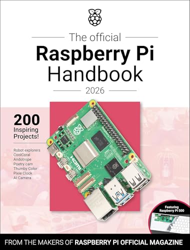 Raspberry Pi circuit board on pink background with handbook title and project list.