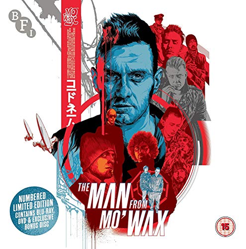 Stylized blue and red illustration of a man's face surrounded by smaller figures.