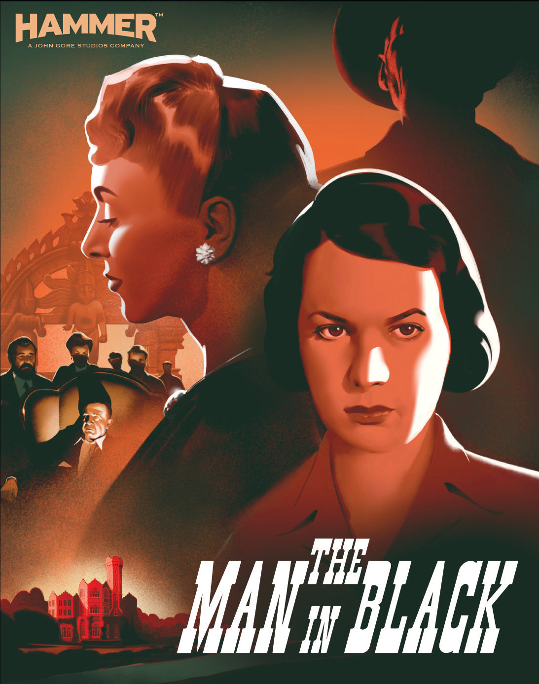 Movie poster for "The Man in Black" featuring two women and a gothic building.