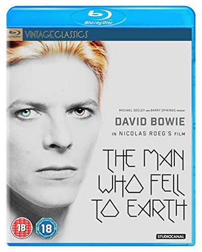 A Blu-ray case for "The Man Who Fell to Earth" featuring David Bowie's face, with a blue banner at the top and a rating label at the bottom left.