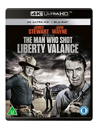 The Man Who Shot Liberty Valance" Blu-ray cover with James Stewart and John Wayne.