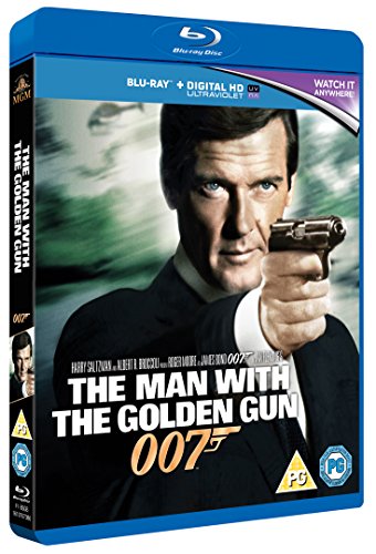 Blu-ray cover for "The Man with the Golden Gun" featuring Roger Moore with a gun.