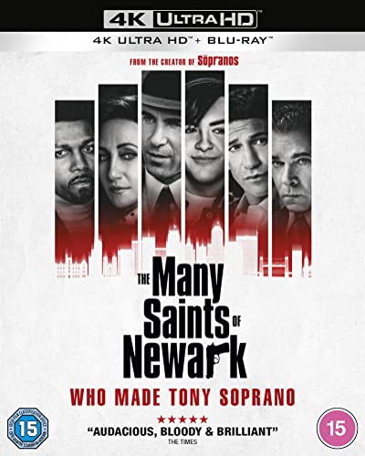Blu-ray cover for "The Many Saints of Newark" featuring six faces and a city skyline.