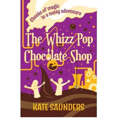 Book cover: purple background, children with chocolate, factory illustration.
