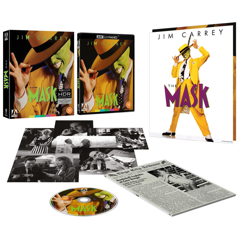 The Mask 4K Ultra HD Blu-ray collector's set with disc, art cards, and newspaper prop.