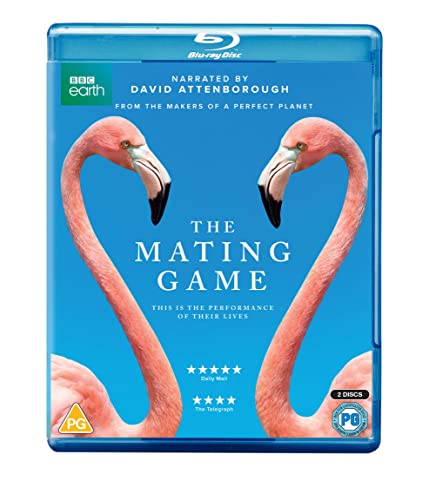 Blu-ray cover for “The Mating Game” featuring two flamingos forming a heart.