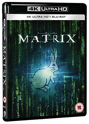 The Matrix" 4K Blu-ray case with green code and a white rabbit.