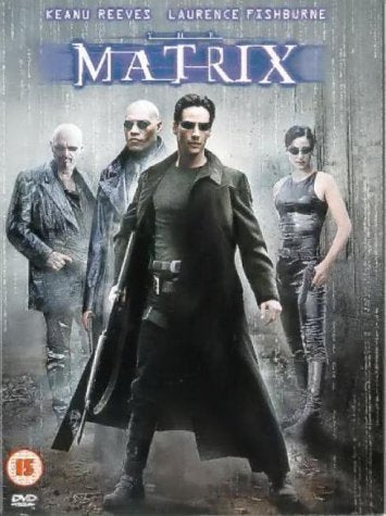 The Matrix" DVD cover featuring Keanu Reeves and Laurence Fishburne in black coats.