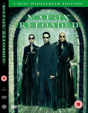 DVD cover for "The Matrix Reloaded" featuring Neo, Trinity, and Morpheus.