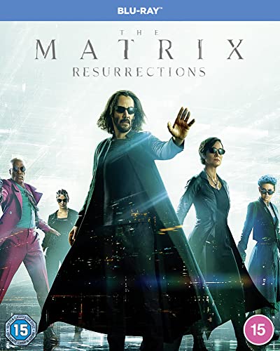 “The Matrix Resurrections” Blu-ray cover featuring Keanu Reeves and Carrie-Anne Moss.