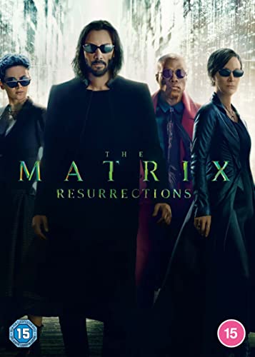 The Matrix Resurrections" DVD cover featuring Keanu Reeves and cast in sunglasses.