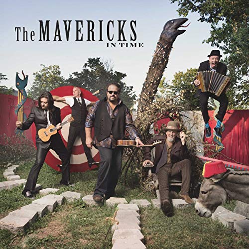 Five men with musical instruments in a grassy area with a donkey and sculpture.
