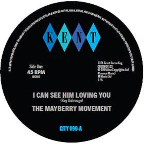 Black vinyl record label with blue geometric design and white text.