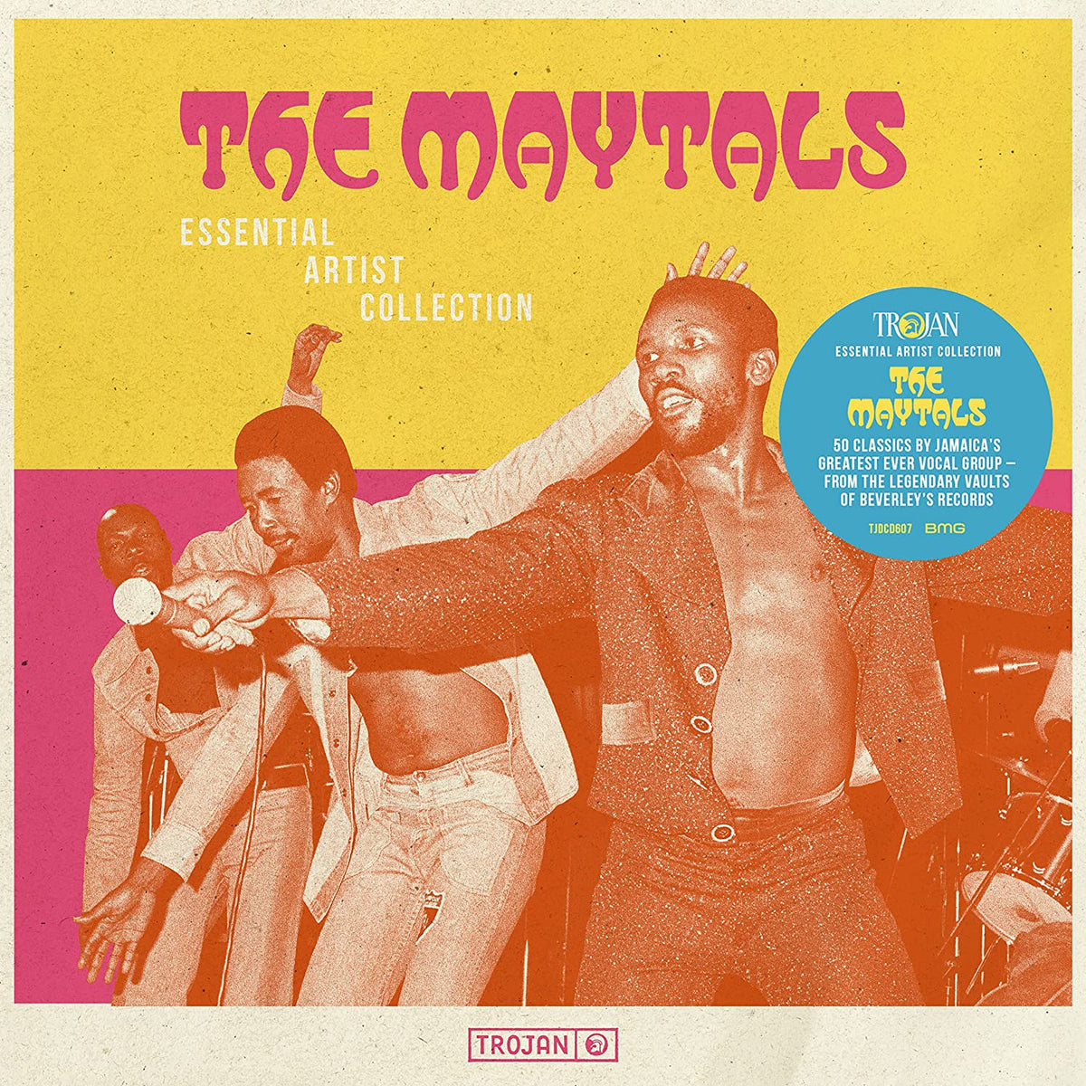 "CD album cover with three men performing, yellow and pink background, 'The Maytals' title."