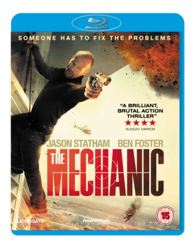 "Blu-ray case with man holding a gun, amidst an explosion, on a blue background."