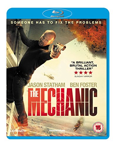 Jason Statham rappels down a building while holding a handgun on The Mechanic DVD cover.